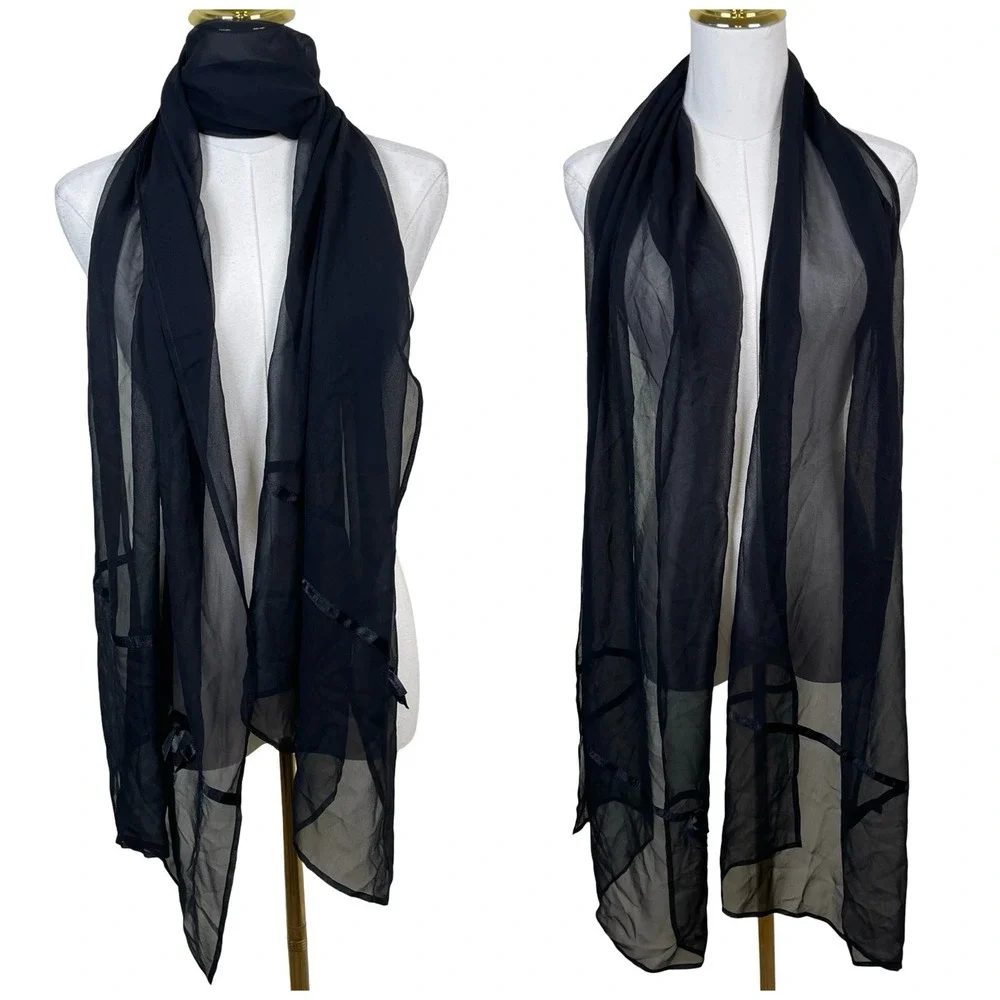 Vintage Sheer Chiffon Scarf Women Black Ribbon Trim Bow Gothic Dark Romantic